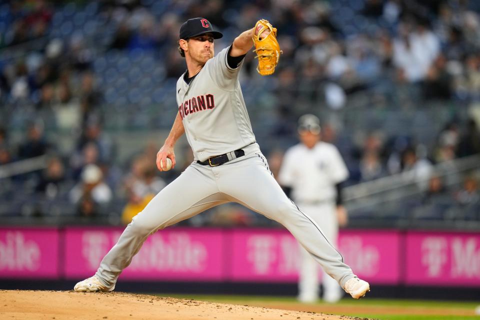 Cleveland Guardians' Shane Bieber pitches during the first inning of a baseball game against the New York Yankees, Wednesday, May 3, 2023, in New York. (AP Photo/Frank Franklin II)