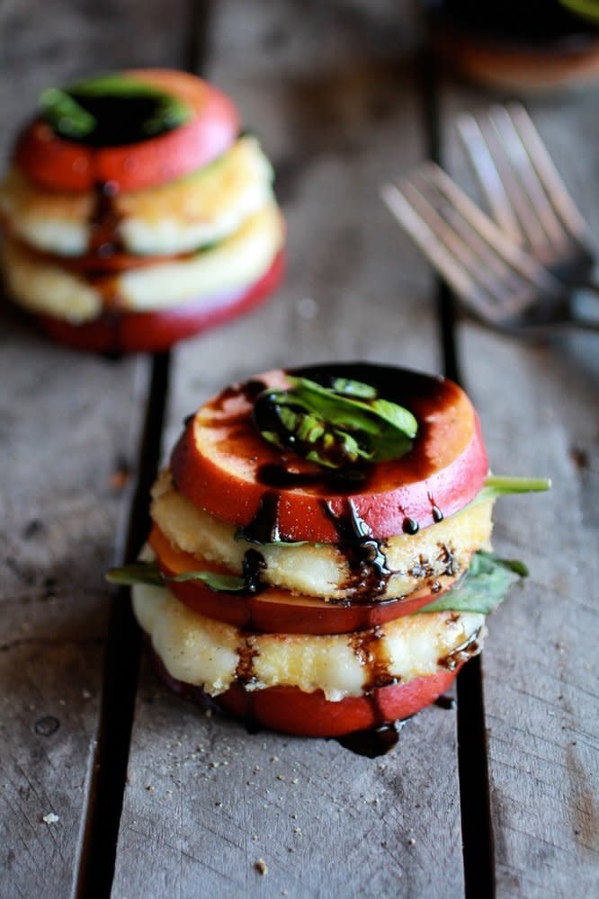 <strong>Get the <a href="http://www.halfbakedharvest.com/fried-mozzarella-basil-and-nectarine-stacks-with-balsamic-glaze/" target="_blank">Fried Mozzarella, Basil And Nectarine Stacks With Balsamic Glaze</a> recipe from Half Baked Harvest</strong>