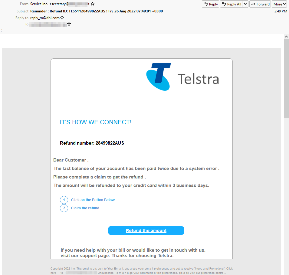 A copy of the scam email purporting to be from Telstra.