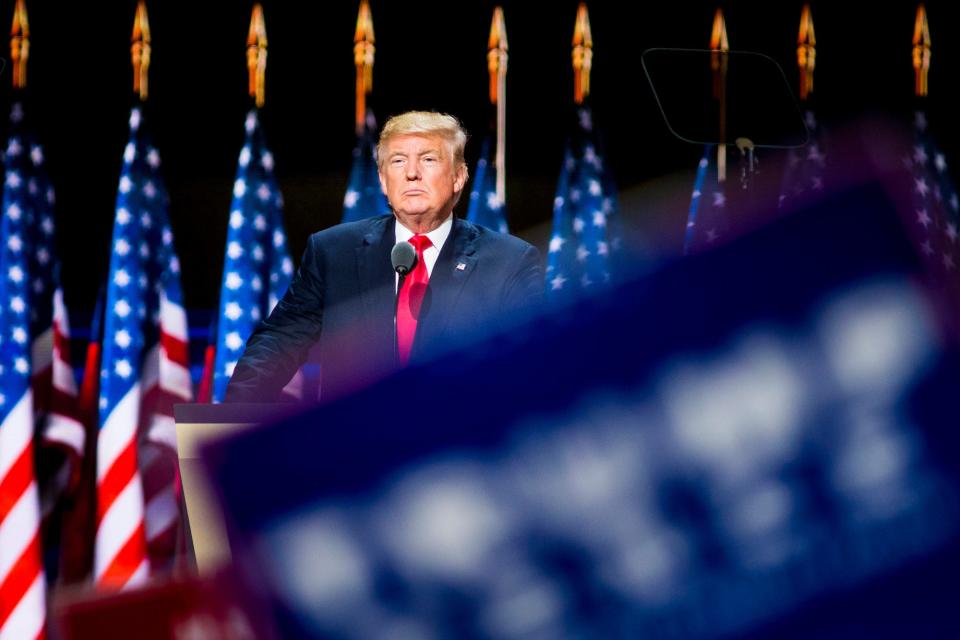 Donald Trump, Republican presidential nominee, speaks on the final night of the Republican National Convention at Quicken Loans Arena in Cleveland on July 21, 2016.