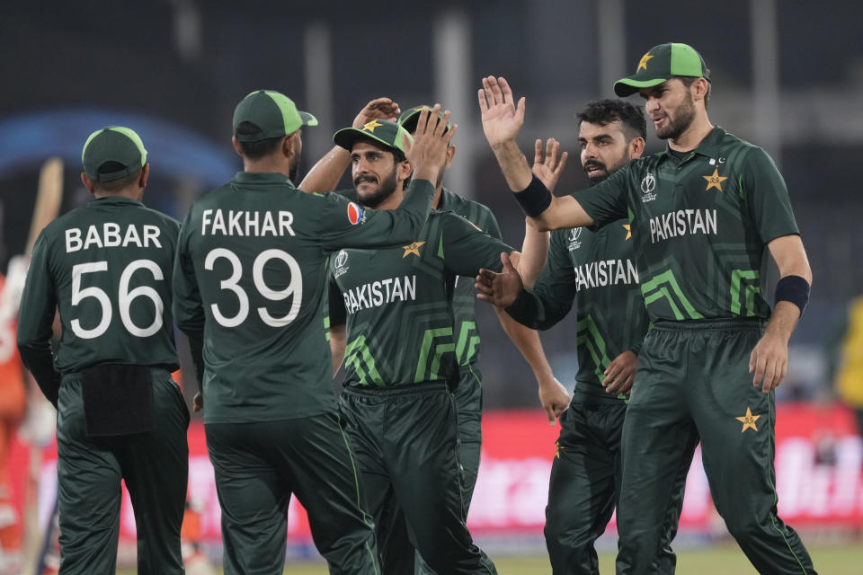 Pakistan players celebrates the dismissal of Netherlands' Vikram Singh during the ICC Men's Cricket World Cup match between Pakistan and Netherlands in Hyderabad, India, Friday, Oct. 6, 2023. (AP Photo/Eranga Jayawardena)