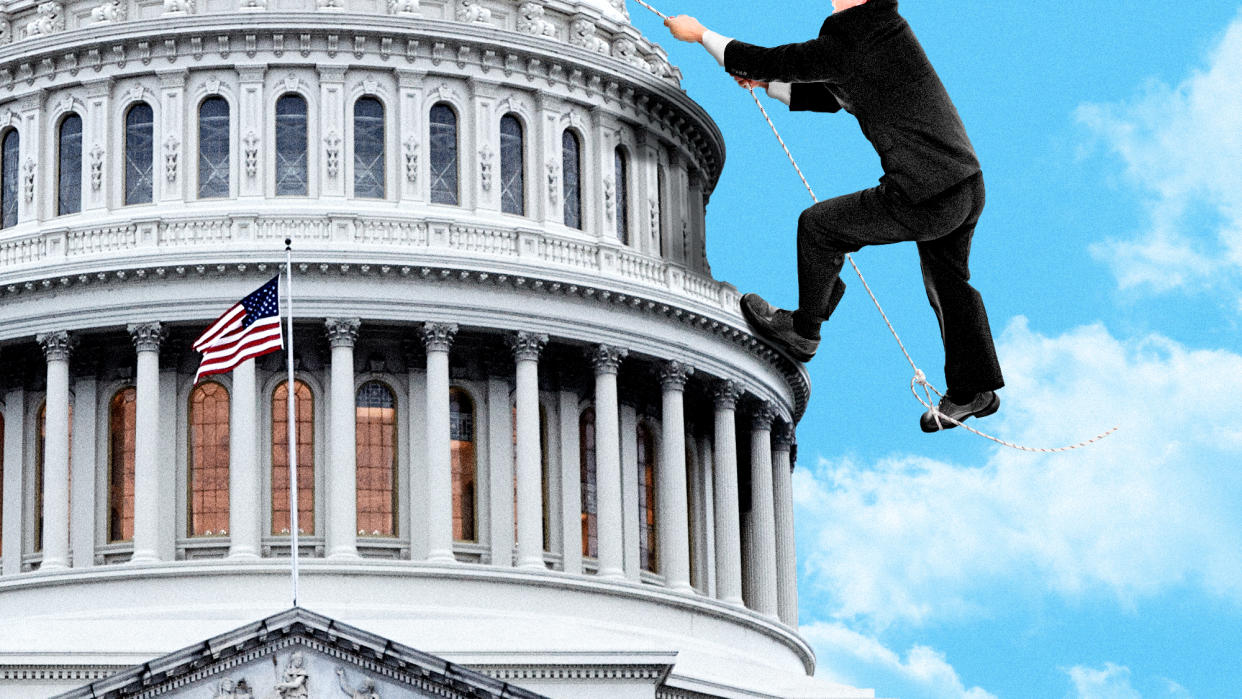  Photo composite of a congressman climbing down from the Capitol dome. 