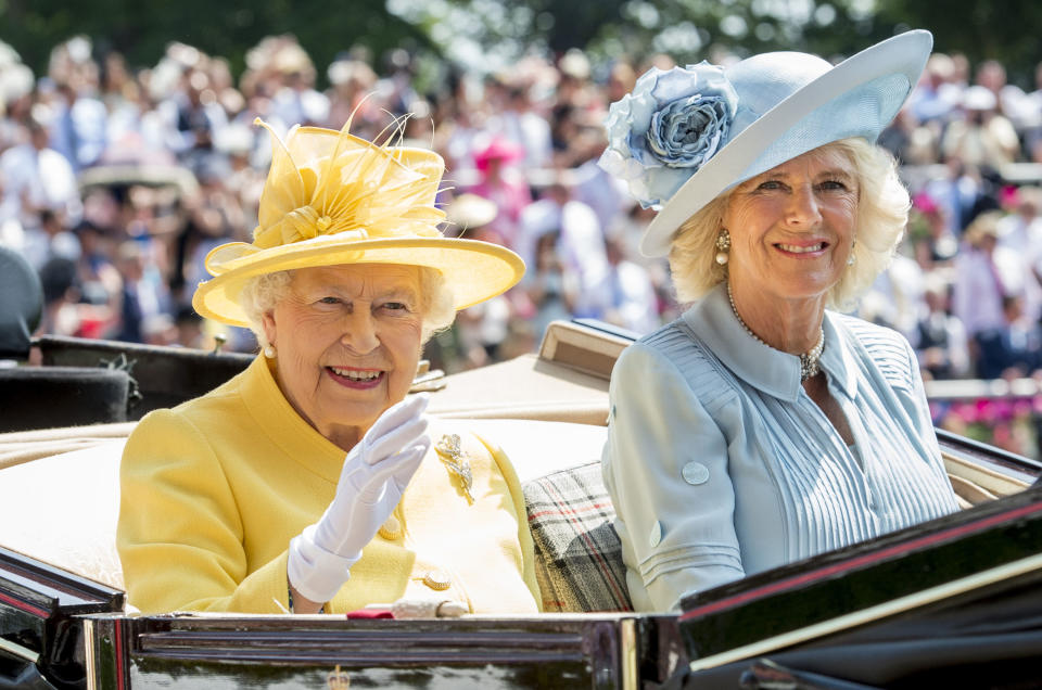 ASCOT, ENGLAND - JUNE 21:  Queen Elizabeth II and Camilla, Duchess of Cornwall attends Royal Ascot 2017 at Ascot Racecourse on June 21, 2017 in Ascot, England.  (Photo by Mark Cuthbert/UK Press via Getty Images)