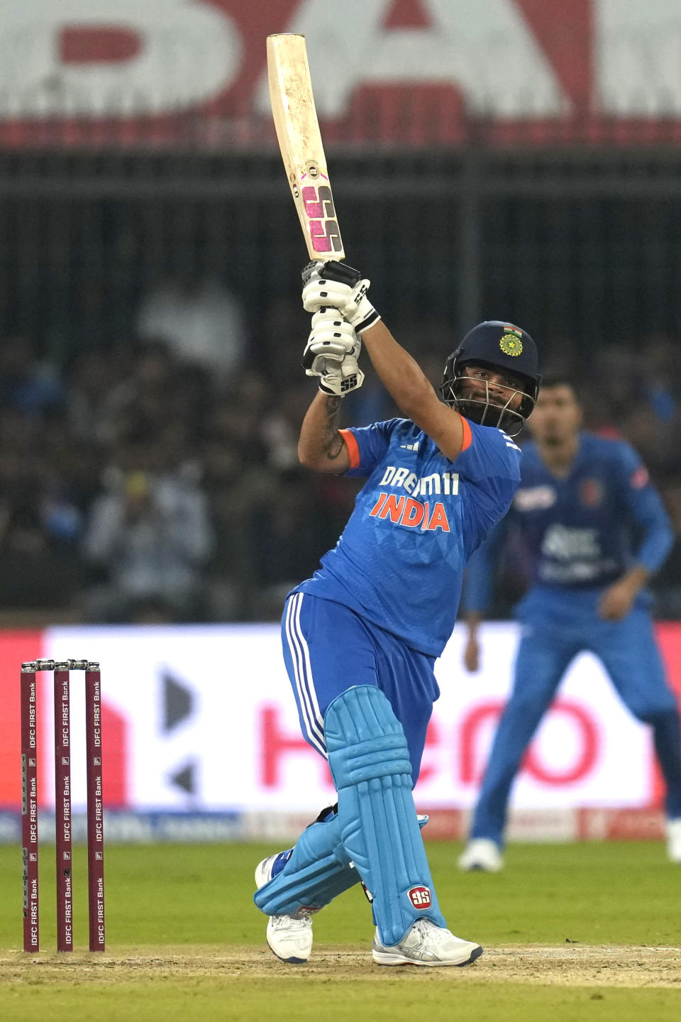 India's Rinku Singh plays a shot during the second T20 cricket match between India and Afghanistan in Indore, India, Sunday, Jan. 14, 2024. (AP Photo/ Rajanish Kakade)