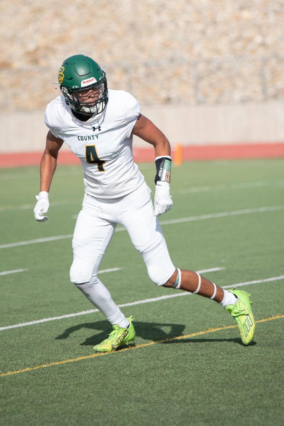 Pueblo County's Johnathan Gonzales falls back into coverage during a game against Pueblo South at Dutch Clark Stadium on Friday, August 25, 2023.