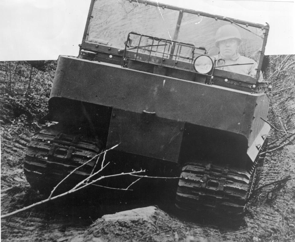 This undated file photo shows a radical vehicle of war, which has been in secret production at the Studebaker automobile factory in South Bend for almost two years, has just been revealed by the War Department. It is the "Weasel," (known to the army as the M-20,) a low-slung, square-faced personnel and supply carrier that is capable of operating over snow, deep mud, sand or paved highways — a greater variety of terrain condtions than possible in any other vehicle.