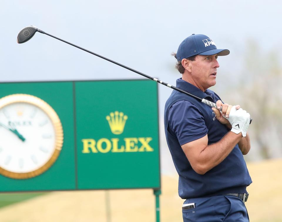 Phil Mickelson watches his errant tee shot on the 1st hole of the Stadium Course during the American Express at PGA West in La Quinta, January 22, 2021. 