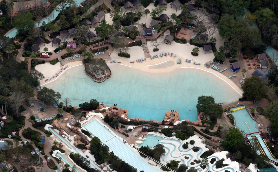 Disney's Blizzard Beach water park is empty of visitors after it closed in an effort to combat the spread of coronavirus disease (COVID-19), in an aerial view in Orlando, Florida, U.S. March 16, 2020.  REUTERS/Gregg Newton