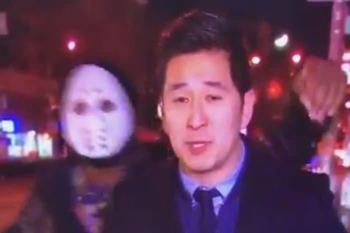 WABC-TV reporter CeFaan Kim was wrapping up a live cross when a man in a hockey mask began hassling him. Source: Facebook