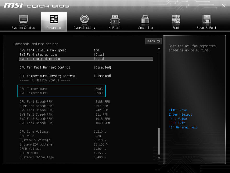 MSI BIOS showing CPU and motherboard temperatures