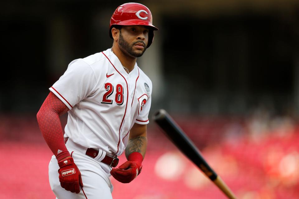 Tommy Pham tosses his bat aside after taking a walk against the Nationals earlier this season.