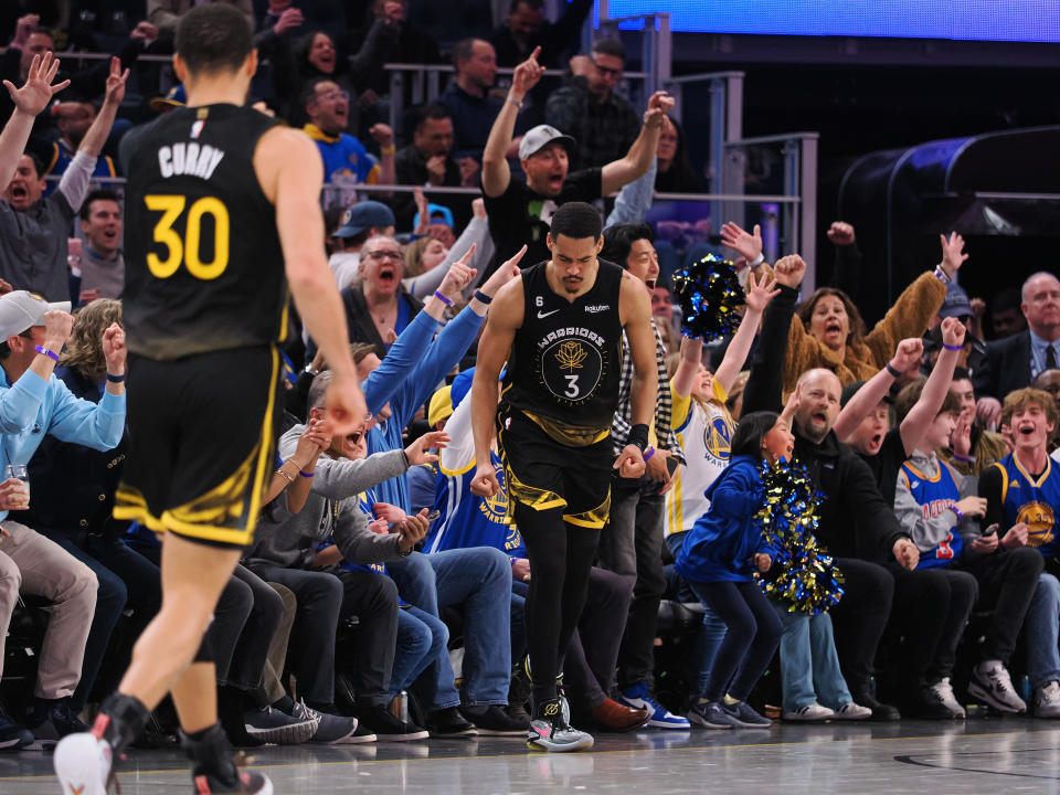 Mar 28, 2023; San Francisco, California, USA; Golden State Warriors guard Jordan Poole (3) reacts after scoring a three point basket against the <a class="link " href="https://sports.yahoo.com/nba/teams/new-orleans/" data-i13n="sec:content-canvas;subsec:anchor_text;elm:context_link" data-ylk="slk:New Orleans Pelicans;sec:content-canvas;subsec:anchor_text;elm:context_link;itc:0">New Orleans Pelicans</a> during the fourth quarter at Chase Center. Mandatory Credit: Kelley L Cox-USA TODAY Sports