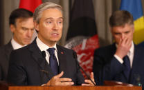 Francois-Philippe Champagne, Canada Minister of Foreign Affairs, speaks during a press conference beside Ukraine Minister of Foreign Affairs Vadym Prystaiko after a meeting of the International Coordination and Response Group for the families of the victims of PS752 flight that crashed shortly after taking off from the Iranian capital Tehran on Jan. 8, killing all 176 passengers and crew on board.(AP Photo/Frank Augstein)