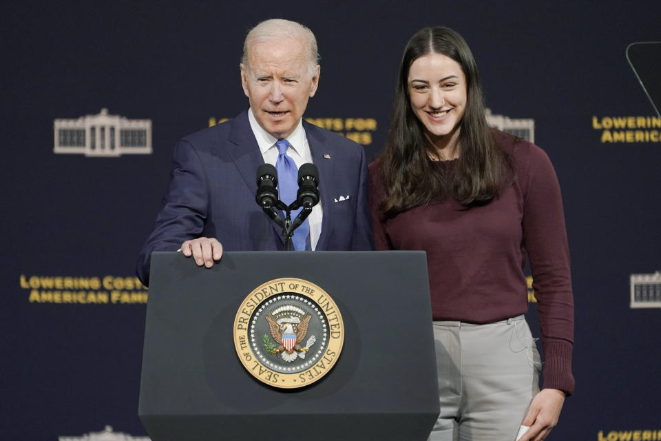 FILE - President Joe Biden stands with Juliana Graceffo, a high school student with diabetes, April 22, 2022, during an event at Green River College in Auburn, Wash., south of Seattle where Biden spoke about high health care costs, including the cost of insulin. (AP Photo/Ted S. Warren, File)