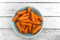 <p><strong>Quantity:</strong> 10 baby carrots </p><p><strong>Per serving:</strong> 41 calories, 1.2 g protein, 8.2 g carbs, 0 g fat</p>