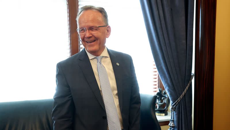 Senate President Stuart Adams, R-Layton, leaves a meeting with media at the Capitol in Salt Lake City, on Tuesday, Feb. 28, 2023.