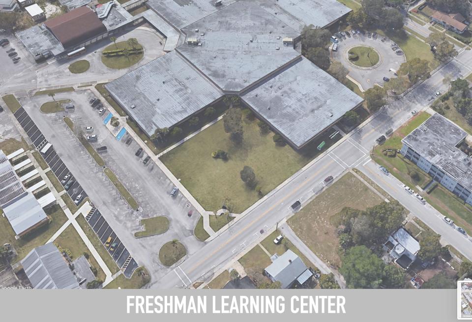 During a master plan presentation Friday, Feb. 9, 2024, Andres Duany of DPZ CoDesign showed this image of what the Vero Beach High School Freshman Learning Center looks like in 2024, before proposed teacher apartments are added.