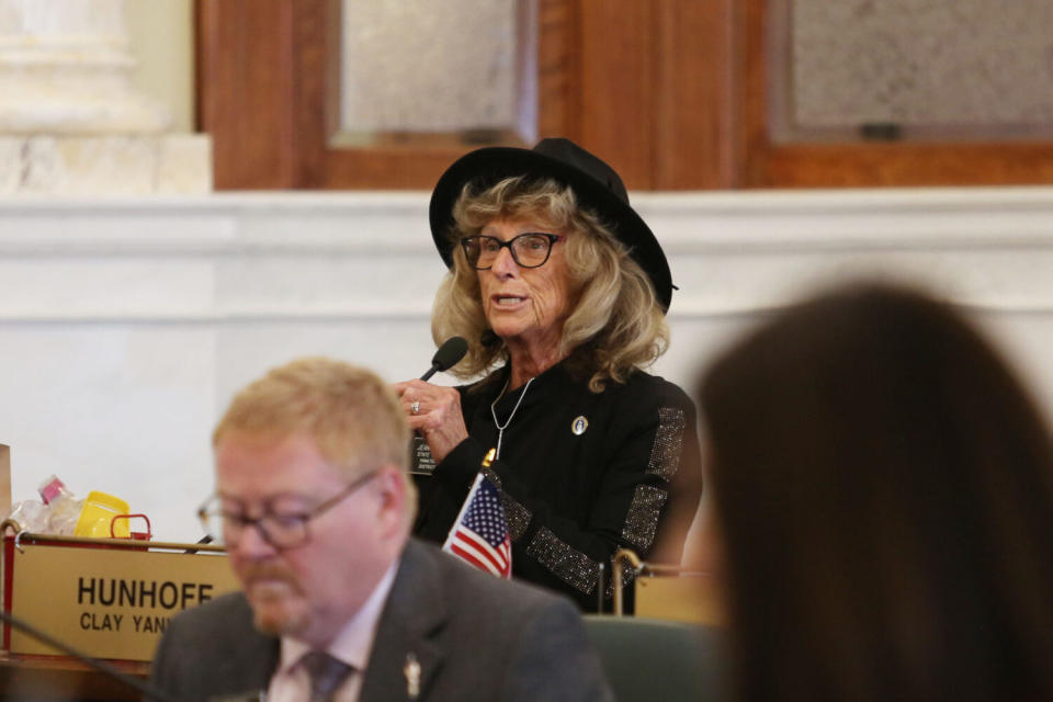 Sen. Jean Hunhoff, R-Yankton, speaks on the Senate floor on Jan. 18, 2024. (Makenzie Huber/South Dakota Searchlight)