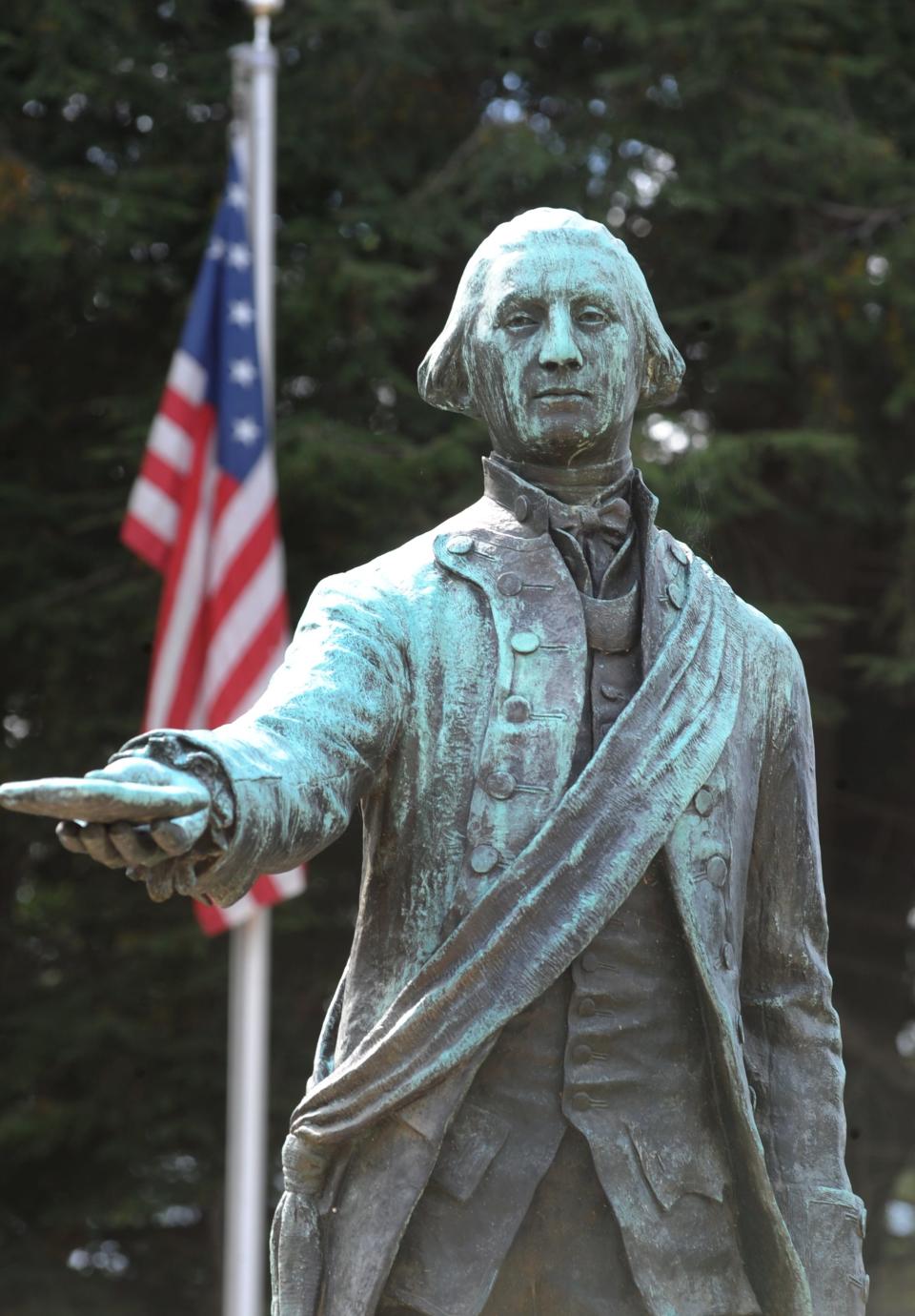 A statue of a 21-year-old George Washington handing an ultimatum to the French at Fort LeBoeuf in 1753 stands in Washington Memorial Park in Waterford in this Aug. 25, 2008 file photo.