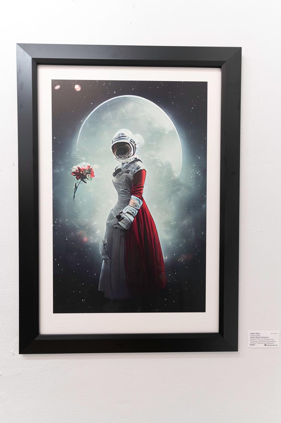 Pueblo West resident Jason Allen's AI-generated art piece titled, "Latent Space Explorer", on display at the Colorado State Fair on Friday, September 1, 2023.