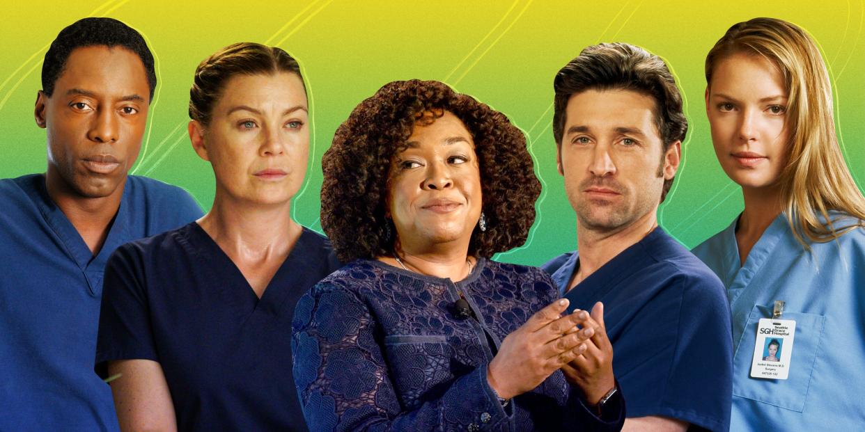 Cast of Grey's Anatomy on green and yellow background 2x1