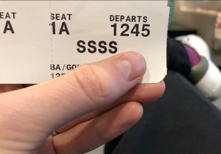 ‘SSSS’ printed on a boarding pass stand for ‘Secondary Security Screening Selection’ Photo: Twitter/Jonogrant