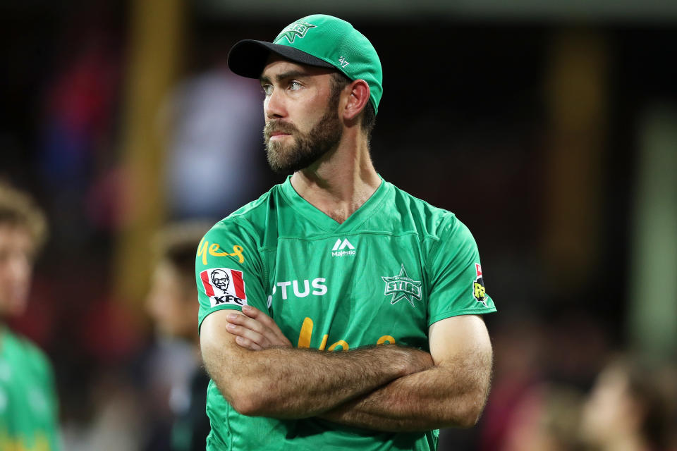 Glenn Maxwell of the Stars looks dejected after defeat in the Big Bash League Final match between the Sydney Sixers and the Melbourne Stars at the Sydney Cricket Ground on February 08, 2020 in Sydney, Australia.