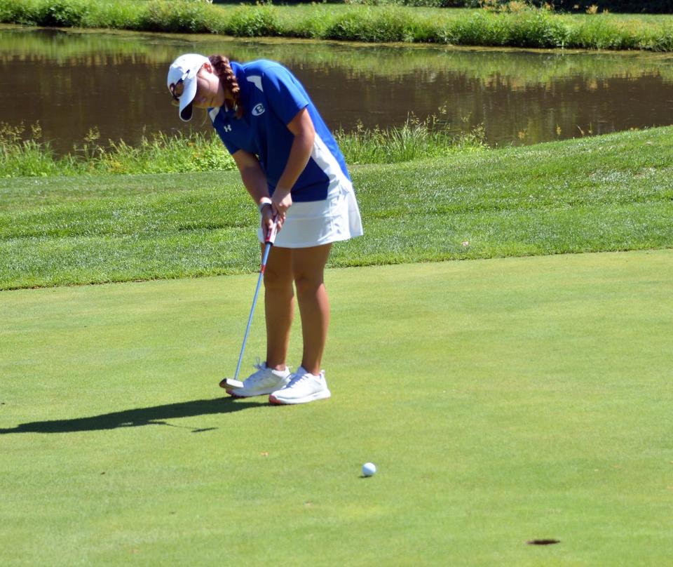 Boonsboro's Piper Meredith putts on the 13th green during the Washington County Public Schools golf tournament on Sept. 1, 2022, at Black Rock.