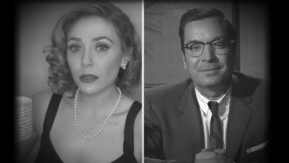 Elizabeth Olsen and Jimmy Fallon in black and white, dressed like theyre on a '50s late night show, in The Tonight Show's WandaVision parody