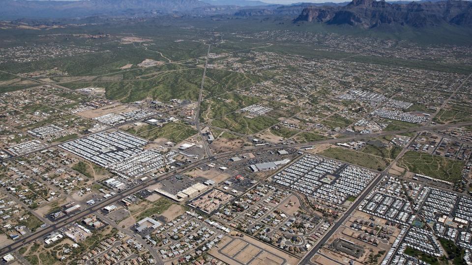 Apache Junction, Arizona where Winter visitors gather to enjoy sunshine and warm weather in the shadow of the Superstition Mountains