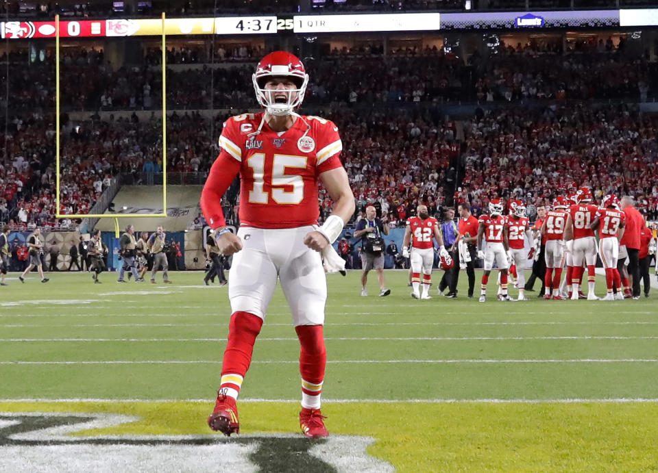 Kansas City Chiefs quarterback Patrick Mahomes (15) scored the first touchdown of Super Bowl LIV. (AP Photo/Wilfredo Lee)