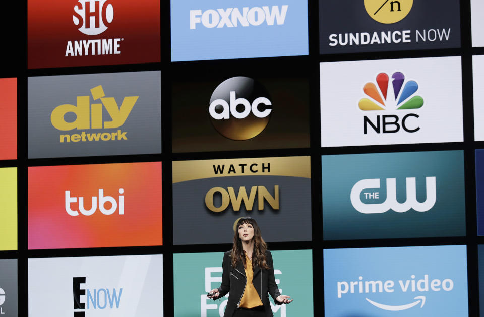 Jen Folse, Lead Designer of Apple TV, speaks during an announcement of new products at the Apple Worldwide Developers Conference Monday, June 4, 2018, in San Jose, Calif. (AP Photo/Marcio Jose Sanchez)