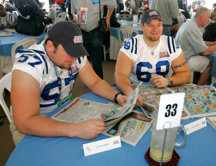 Indianapolis Colts offensive guard Dylan Gandy, left, and offensive guard Matt Ulrich are pictured in Jan. 2007 at the team’s hotel in Florida ahead of Super Bowl XLI. (AP Photo/Michael Conroy)