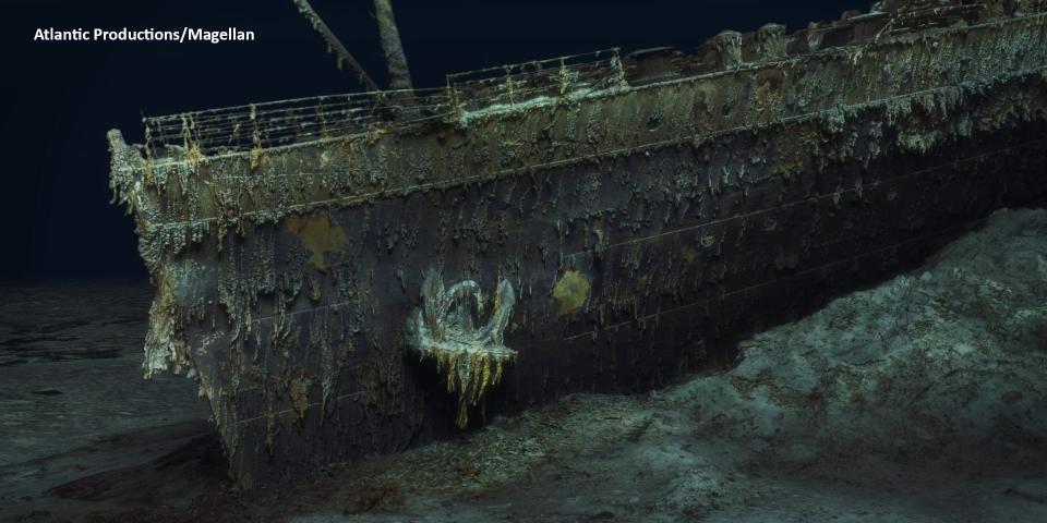 An image from a 3D scan of the Titanic showing the ship's bow