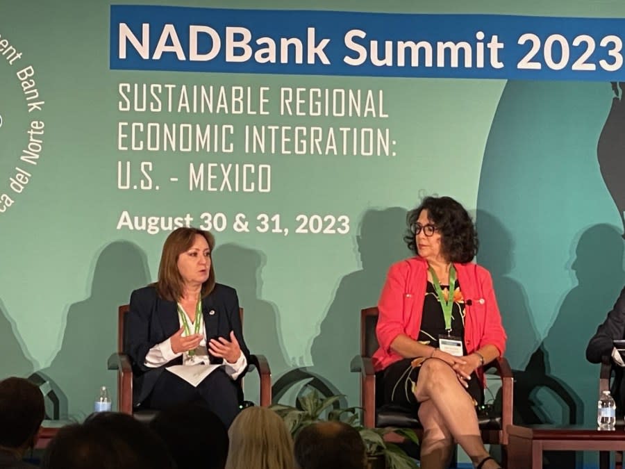 U.S. International Boundary and Water Commissioner Maria-Elena Giner, right, spoke on a panel with her Mexican counterpart, Comisionada Adriana Resendez Maldonado at the NADBank Summit 2023 in San Antonio, Texas. (Sandra Sanchez/Border Report)