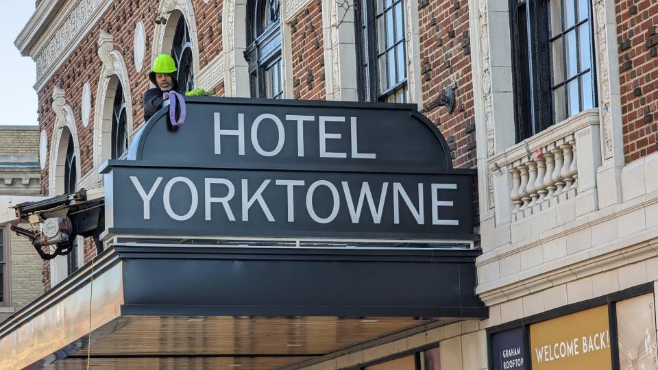 This sign was installed as part of the Yorktowne Hotel’s restoration. The ribbon-cutting for the reopening of the hotel came in late January 2023, about seven years after it closed.