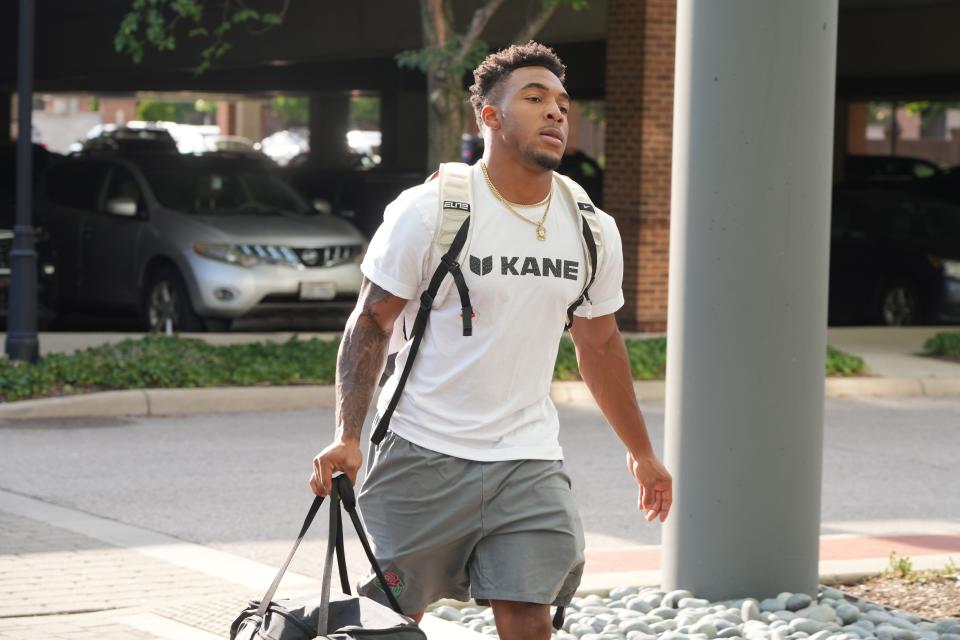 TreVeyon Henderson of the Ohio State University football team checks into the Hyatt Grandview on Sunday, August 8, 2022. They will stay in the hotel for 13 days during fall training camp. 