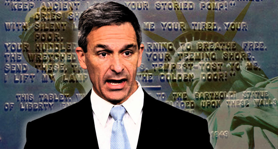 Acting Director of United States Citizenship and Immigration Services Ken Cuccinelli, speaks during a briefing at the White House, Monday, Aug. 12, 2019, in Washington;  the Statue of Liberty; and, "The New Colossus". (Photo illustration: Yahoo News; photos: Evan Vucci/AP, Getty Images, National Park Service)