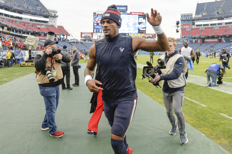 Houston Texans quarterback Deshaun Watson leaves the field after an NFL football game against the Tennessee Titans Sunday, Dec. 15, 2019, in Nashville, Tenn. The Texans won 24-21. (AP Photo/Mark Zaleski)