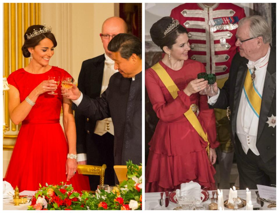 <p>How similar are these photos of the royals enjoying a tipple in their red dresses and tiaras? Source: Getty / Rex </p>