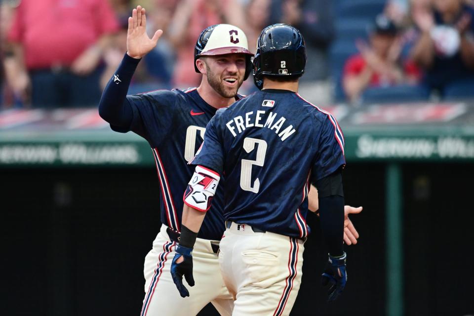 Jul 2, 2024; Cleveland, Ohio, USA; Cleveland Guardians center fielder Tyler Freeman (2) celebrates with designated hitter David Fry (6) after hitting a home run during the sixth inning against the Chicago White Sox at Progressive Field. Mandatory Credit: Ken Blaze-USA TODAY Sports