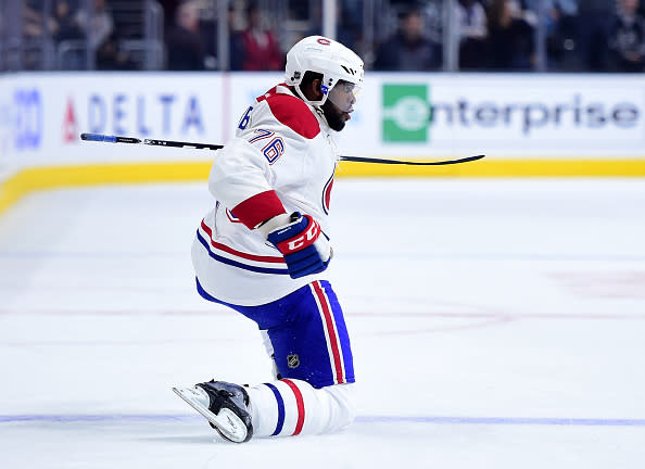 LOS ANGELES, CA - MARCH 03: P.K. Subban #76 of the Montreal Canadiens celebrates his goal against the Los Angeles Kings to trail 2-1 during the first period at Staples Center on March 3, 2016 in Los Angeles, California. (Photo by Harry How/Getty Images)