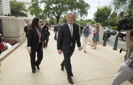 Newly elected House Majority Leader Kevin McCarthy (R-CA) walks to the Capitol after his election in Washington June 19, 2014. House of Representatives Republicans on Thursday chose McCarthy, an ally of Speaker John Boehner for the number 2 job in the chamber, a setback for some conservative lawmakers hoping to use a leadership election to boost their influence. REUTERS/Joshua Roberts (UNITED STATES - Tags: POLITICS ELECTIONS)