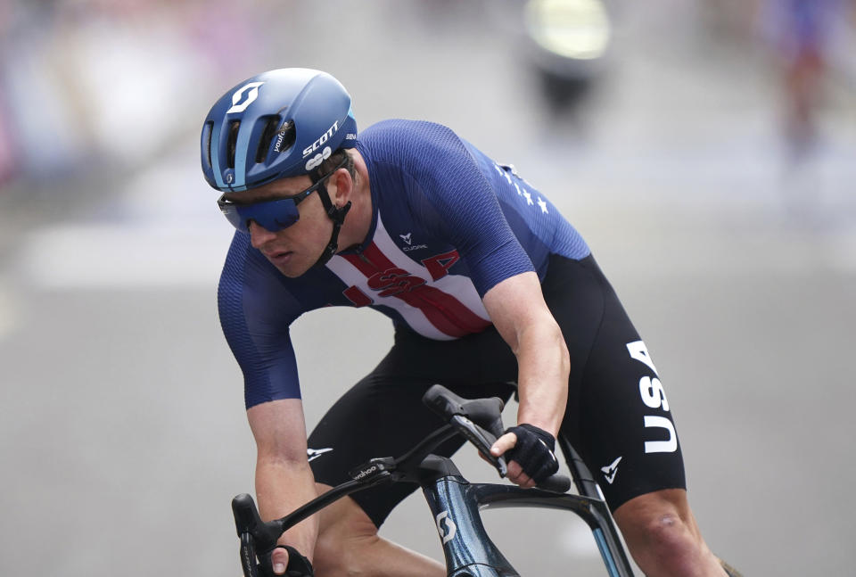 US Kevin Vermaerke pedals during the Men's Elite Road Race on day four of the 2023 UCI Cycling World Championships in Glasgow, Scotland, Sunday Aug. 6, 2023. (Tim Goode/PA via AP)