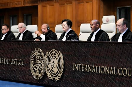 Judges are seen at the International Court of Justice before the issue of a verdict in the case of Indian national Kulbhushan Jadhav in The Hague
