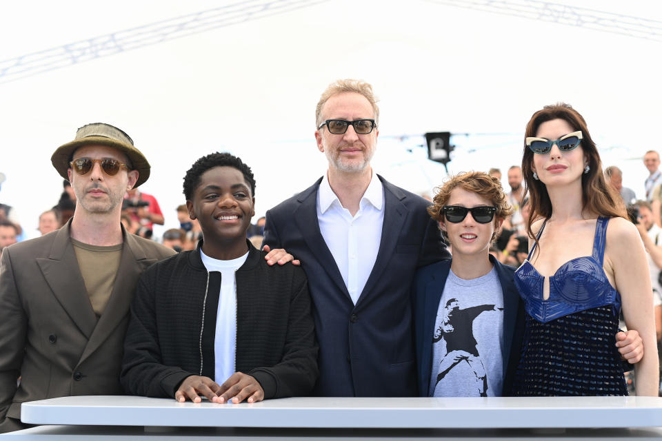 Jeremy Strong, Jaylin Webb, James Gray, Banks Repeta, and Anne Hathaway attend the photocall for “Armageddon Time” during the 2022 Cannes Film Festival - Credit: Getty Images