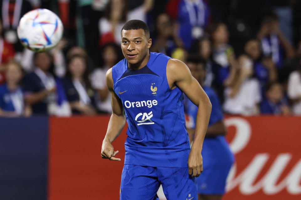 DOHA, QATAR - NOVEMBER 17: Kylian Mbappe of France attends a training session at Al Sadd SC Stadium on November 17, 2022 in Doha, Qatar. (Photo by Liu Lu/VCG via Getty Images)