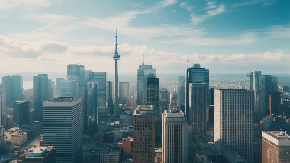 An aerial view of a bustling city skyline with its bank headquarters building visible in the centre.