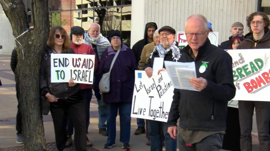 During a peaceful rally in downtown Wichita on March 27, 2024, participants call for a ceasefire in Gaza. (KSN News Photo)