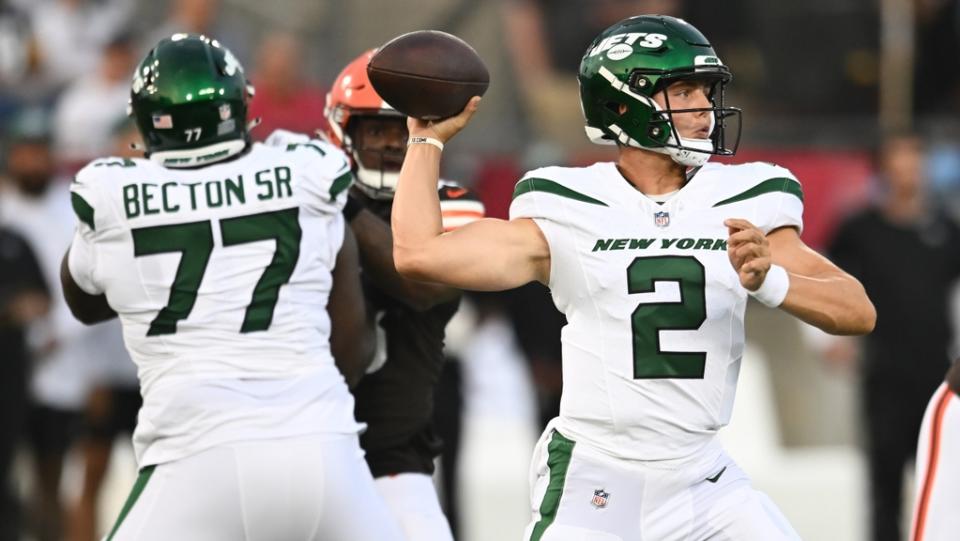 Aug 3, 2023; Canton, Ohio, USA; New York Jets quarterback Zach Wilson (2) throws a pass during the first quarter against the Cleveland Browns at Tom Benson Hall of Fame Stadium.